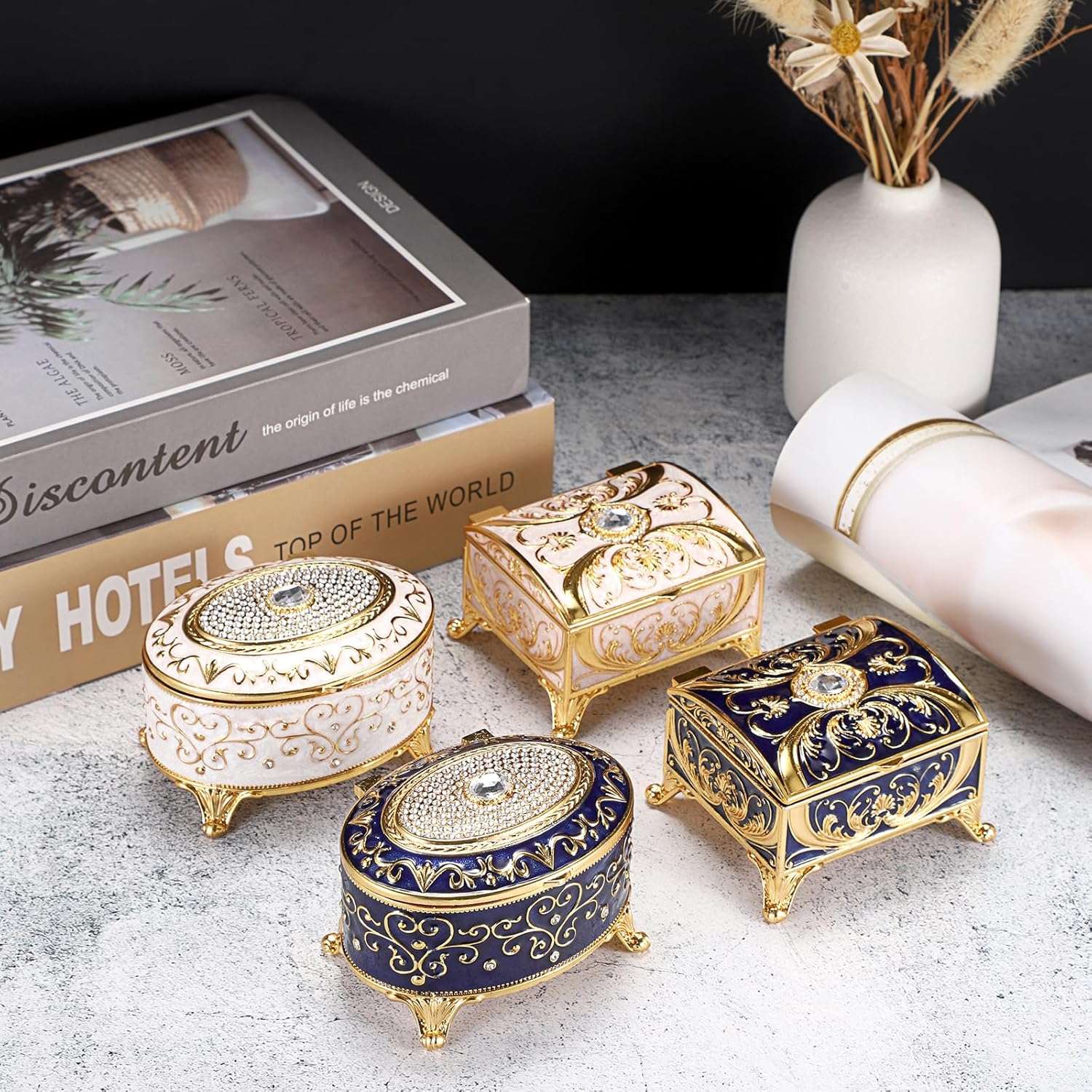 Small Jewelry Box Treasure Box Vinatge Enamel Trinket Organzier Hand Painted Jewelry Chest Case Golded Metal Jewelry Keepsake Box for Earrings Rings Gift for Christmas Wedding,Beige - 6