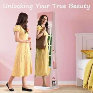 Full Length Mirror with Storage, 61 Mirror Jewelry Cabinet Standing, Rotating Jewelry Mirror Organizer Full Length, Lockable Jewelry Armoires with Velvet Lining for Women Gift - 9