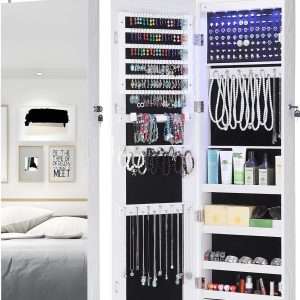 GISSAR Full Length Mirror Jewelry Cabinet, 6 LEDs Jewelry Armoire Wall Mounted Over The Door Hanging, Jewelry Organizer Storage with Lights Lockable White - 1