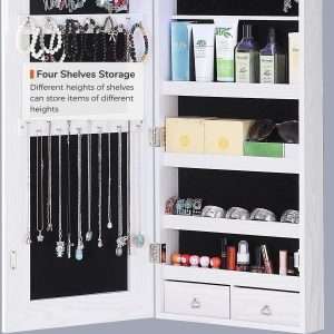 GISSAR Full Length Mirror Jewelry Cabinet, 6 LEDs Jewelry Armoire Wall Mounted Over The Door Hanging, Jewelry Organizer Storage with Lights Lockable White - 8
