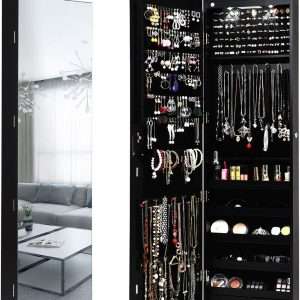 Giantex Wall Door Mounted Jewelry Armoire Cabinet with 47.5 H Full Length Mirror, 2 LEDs Lockable Jewelry Organizer Box with Bracelet Rod, 2 Drawers, Large Storage Capacity - 1