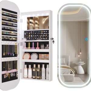 LVSOMT LED Mirror Jewelry Cabinet, Wall Mount-Over the Door Jewelry Armoire Organizer, Rounded Mirror with Storage, Foldable Shelf, Lockable Jewelry Cabinet, 16 Wide, Interior Mirror, White - 1