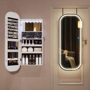 LVSOMT LED Mirror Jewelry Cabinet, Wall Mount-Over the Door Jewelry Armoire Organizer, Rounded Mirror with Storage, Foldable Shelf, Lockable Jewelry Cabinet, 16 Wide, Interior Mirror, White - 9