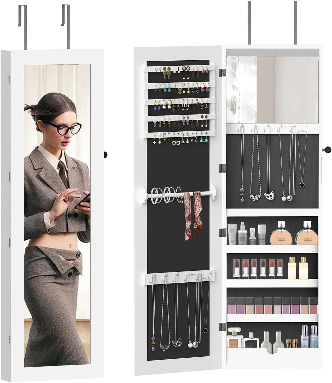 RQZ Product image 8 LEDs Mirror Jewelry Cabinet, Large Jewelry Armoire Organizer, Wall or Door Mounted Lockable Jewelry Storage with Interior Mirror, Large Capacity Storage - 1