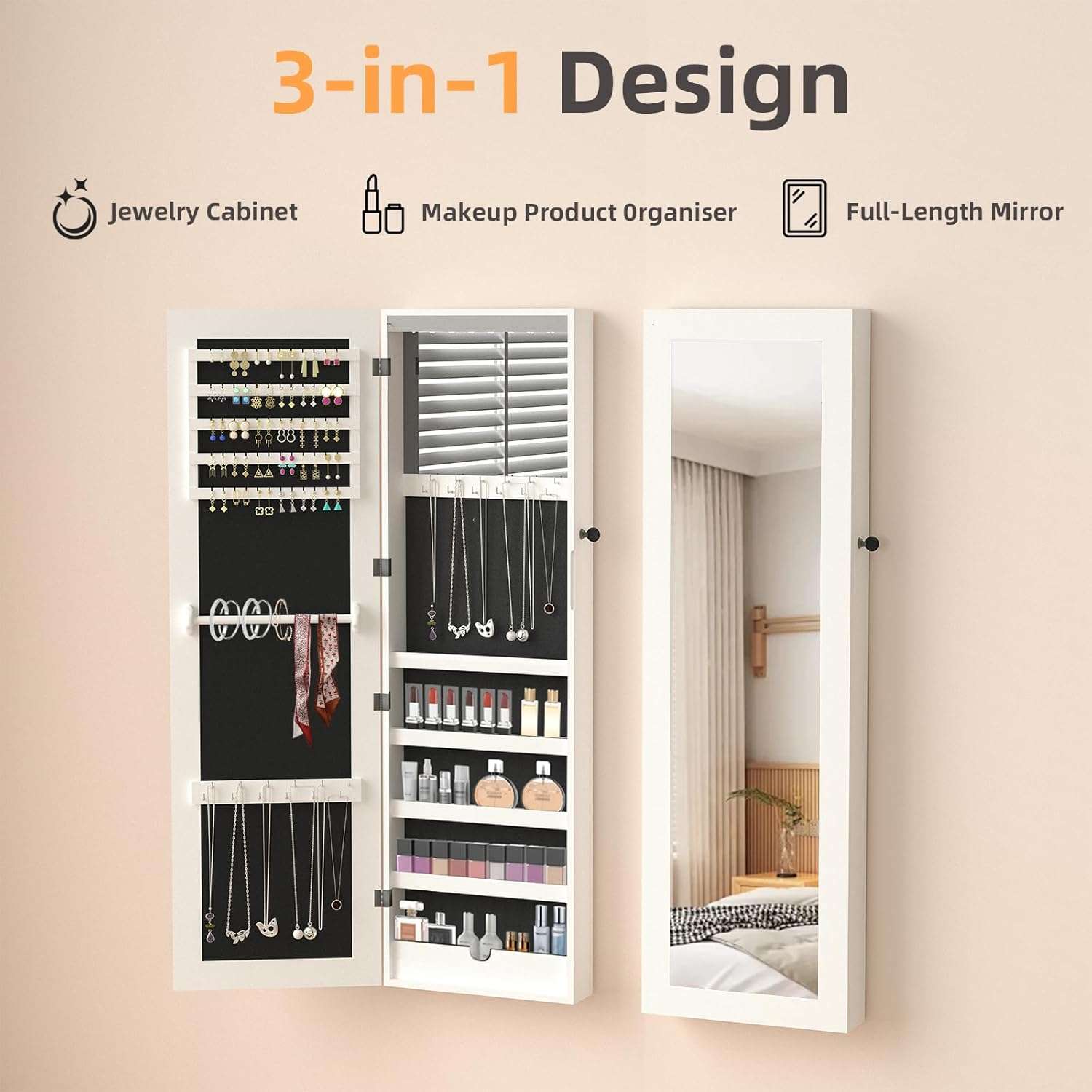 RQZ Product image 8 LEDs Mirror Jewelry Cabinet, Large Jewelry Armoire Organizer, Wall or Door Mounted Lockable Jewelry Storage with Interior Mirror, Large Capacity Storage - 3