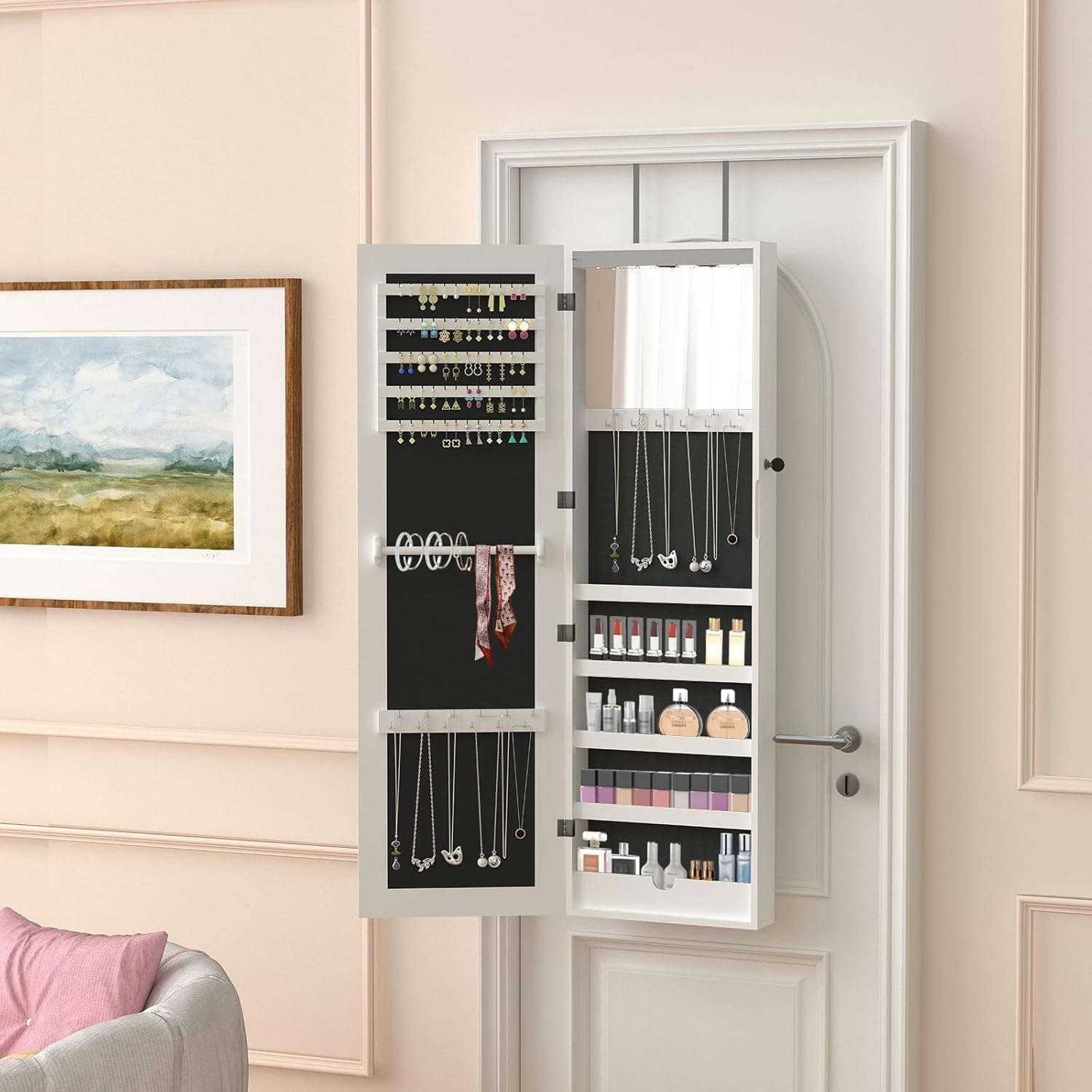 RQZ Product image 8 LEDs Mirror Jewelry Cabinet, Large Jewelry Armoire Organizer, Wall or Door Mounted Lockable Jewelry Storage with Interior Mirror, Large Capacity Storage - 4