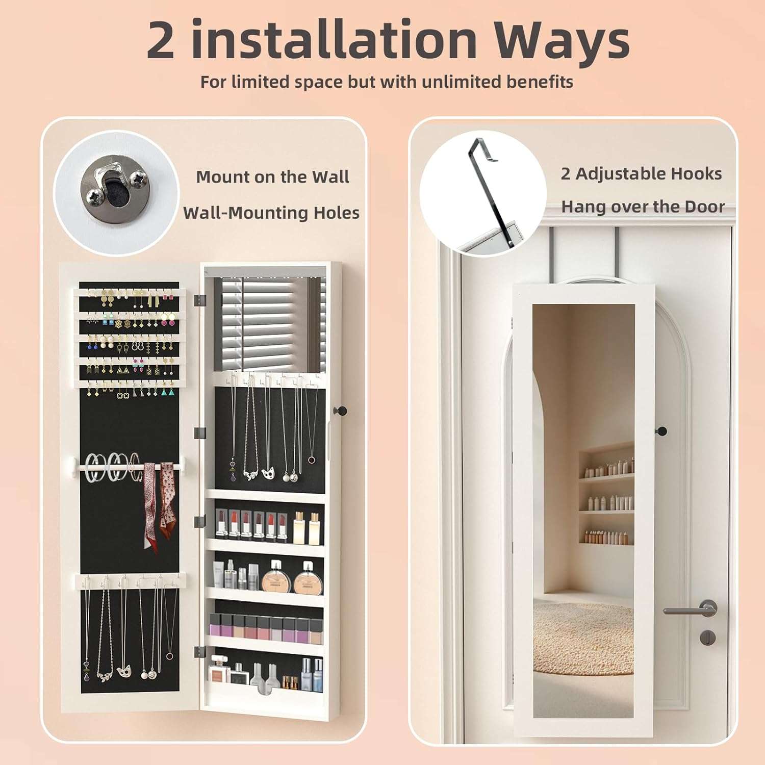 RQZ Product image 8 LEDs Mirror Jewelry Cabinet, Large Jewelry Armoire Organizer, Wall or Door Mounted Lockable Jewelry Storage with Interior Mirror, Large Capacity Storage - 5