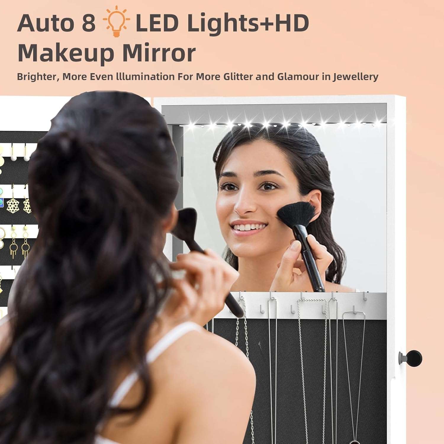 RQZ Product image 8 LEDs Mirror Jewelry Cabinet, Large Jewelry Armoire Organizer, Wall or Door Mounted Lockable Jewelry Storage with Interior Mirror, Large Capacity Storage - 6