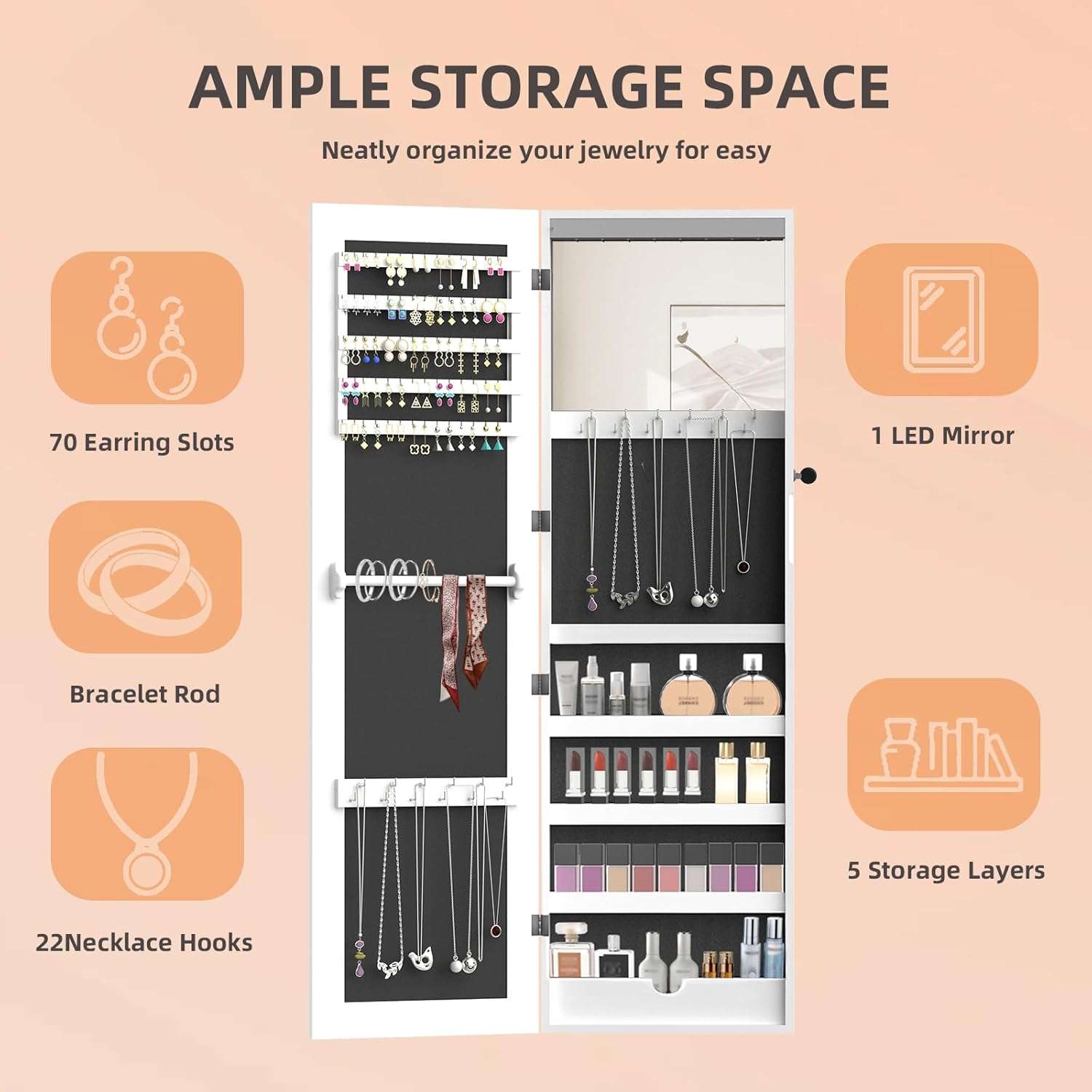 RQZ Product image 8 LEDs Mirror Jewelry Cabinet, Large Jewelry Armoire Organizer, Wall or Door Mounted Lockable Jewelry Storage with Interior Mirror, Large Capacity Storage - 8