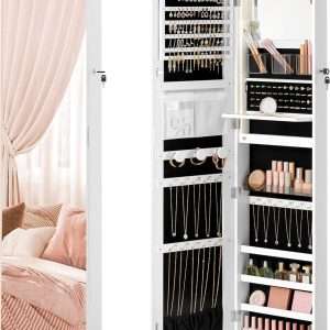 SONGMICS 55 Inches Tall Spacious Jewelry Cabinet, Jewelry Armoire with Light-Up Interior Mirror, Wall or Door Mounted Jewelry Storage Organizer, Lockable, Gift Idea, Cloud White - 1