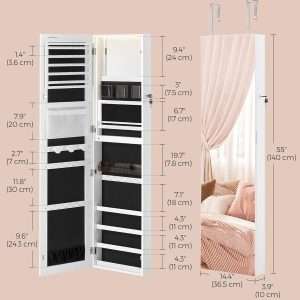 SONGMICS 55 Inches Tall Spacious Jewelry Cabinet, Jewelry Armoire with Light-Up Interior Mirror, Wall or Door Mounted Jewelry Storage Organizer, Lockable, Gift Idea, Cloud White - 6