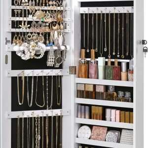 SONGMICS Hanging Jewelry Cabinet, Wall-Mounted Cabinet with LED Interior Lights, Door-Mounted Jewelry Organizer, Full-Length Mirror, Gift Idea, White - 1