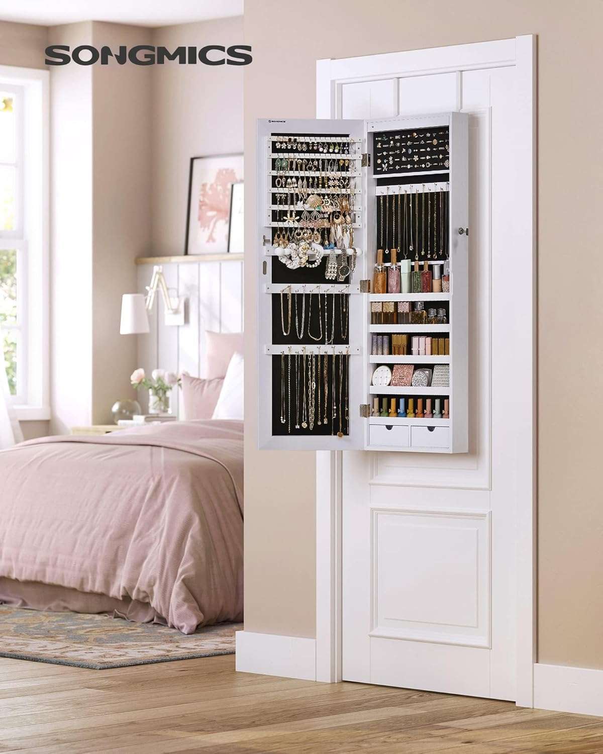 SONGMICS Hanging Jewelry Cabinet, Wall-Mounted Cabinet with LED Interior Lights, Door-Mounted Jewelry Organizer, Full-Length Mirror, Gift Idea, White - 2