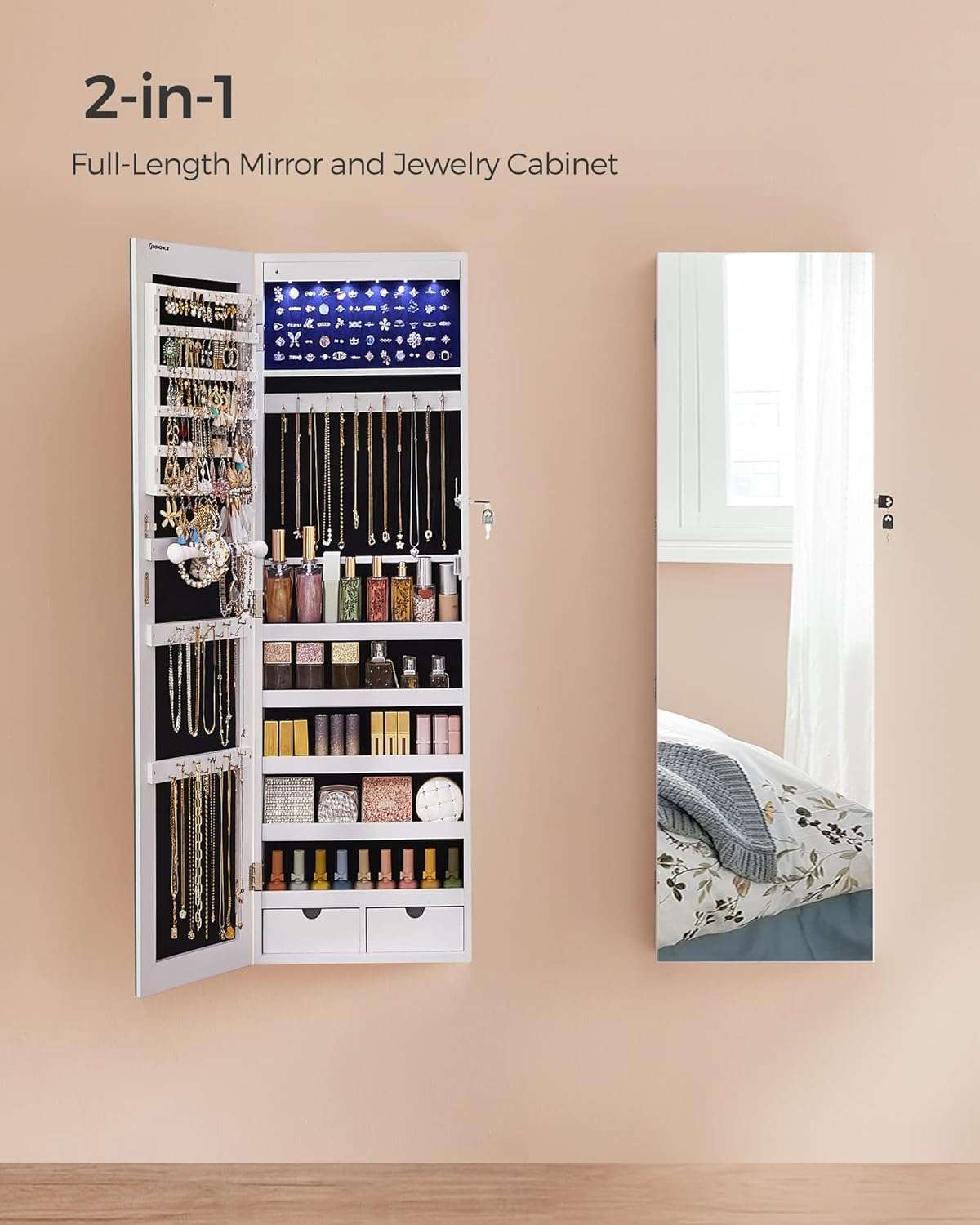 SONGMICS Hanging Jewelry Cabinet, Wall-Mounted Cabinet with LED Interior Lights, Door-Mounted Jewelry Organizer, Full-Length Mirror, Gift Idea, White - 3