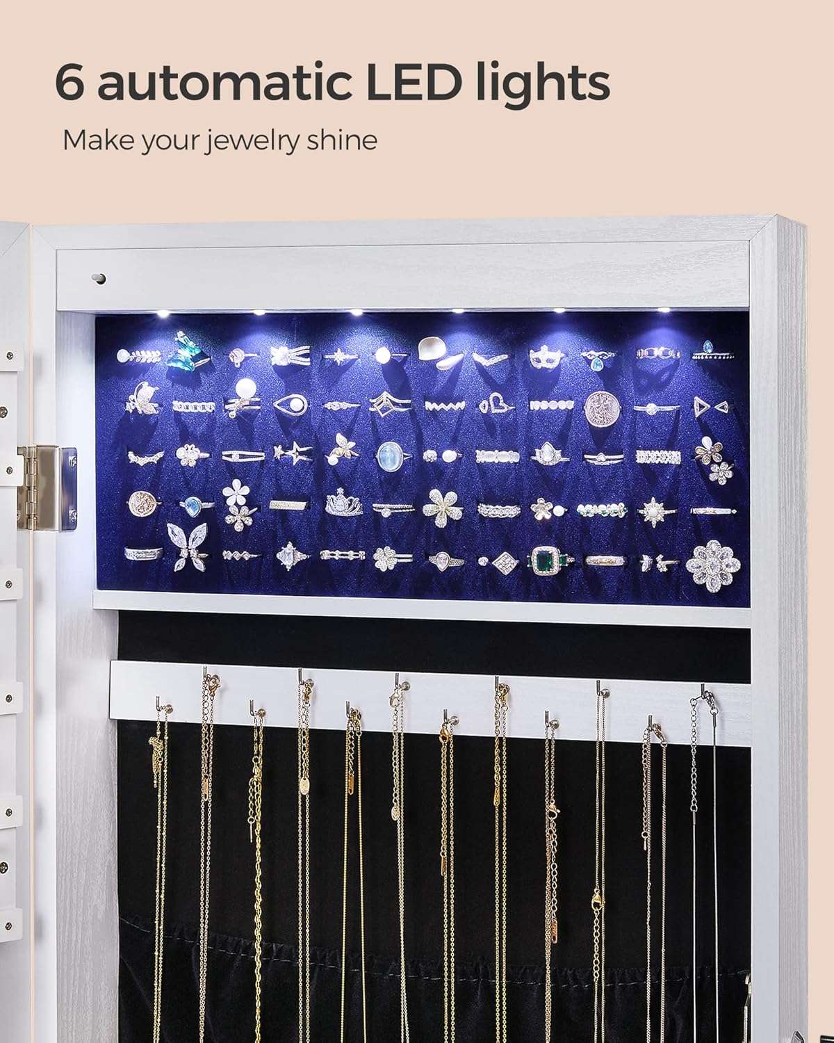 SONGMICS Hanging Jewelry Cabinet, Wall-Mounted Cabinet with LED Interior Lights, Door-Mounted Jewelry Organizer, Full-Length Mirror, Gift Idea, White - 5
