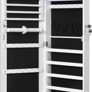 SONGMICS Hanging Jewelry Cabinet, Wall-Mounted Cabinet with LED Interior Lights, Door-Mounted Jewelry Organizer, Full-Length Mirror, Gift Idea, White - 8