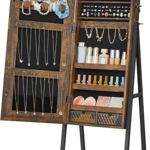 SONGMICS LED Cabinet Standing, Lockable Jewelry Armoire with Full-Length Mirror, Space-Saving Jewelry Organizer with Mirror, Bottom Drawer and Shelf, Gift Idea, Rustic Brown - 1