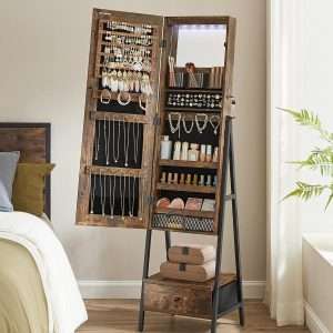 SONGMICS LED Cabinet Standing, Lockable Jewelry Armoire with Full-Length Mirror, Space-Saving Jewelry Organizer with Mirror, Bottom Drawer and Shelf, Gift Idea, Rustic Brown - 9