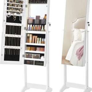 SONGMICS Mirror Jewelry Cabinet Standing Armoire Organizer, Jewelry Storage with Full-Length Frameless LED Lights, Built-in Makeup Mirror, 2 Drawers, Lockable, White - 1