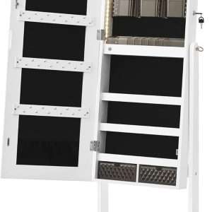 SONGMICS Mirror Jewelry Cabinet Standing Armoire Organizer, Jewelry Storage with Full-Length Frameless LED Lights, Built-in Makeup Mirror, 2 Drawers, Lockable, White - 11