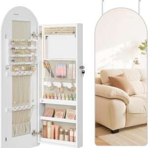 SONGMICS Wide Jewelry Organizer, LED Jewelry Cabinet Wall-Door Mounted, Arched Mirror with Storage, Lockable, Rounded Corner, Interior Mirror, 3.9 x 16.5 x 42.5 Inches, Cloud White - 1