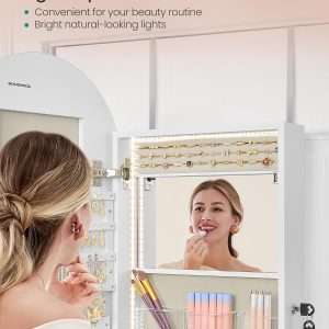 SONGMICS Wide Jewelry Organizer, LED Jewelry Cabinet Wall-Door Mounted, Arched Mirror with Storage, Lockable, Rounded Corner, Interior Mirror, 3.9 x 16.5 x 42.5 Inches, Cloud White - 6