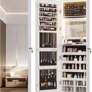 Vlsrka 47.2 LED Jewelry Mirror Cabinet, Wall-Door Mounted Jewelry Armoire Organizer with Full Length Mirror, Large Storage Hanging Cabinet, 4 Drawers, 5 Shelves, Built-in Lighted Mirror - 1