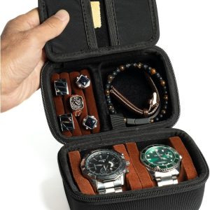 2 slots Watch travel case, with accessories compartment for rings cufflinks watch band, Hard Portable Watch box holder Organizer with soft pillow fit up to 55mm - 1