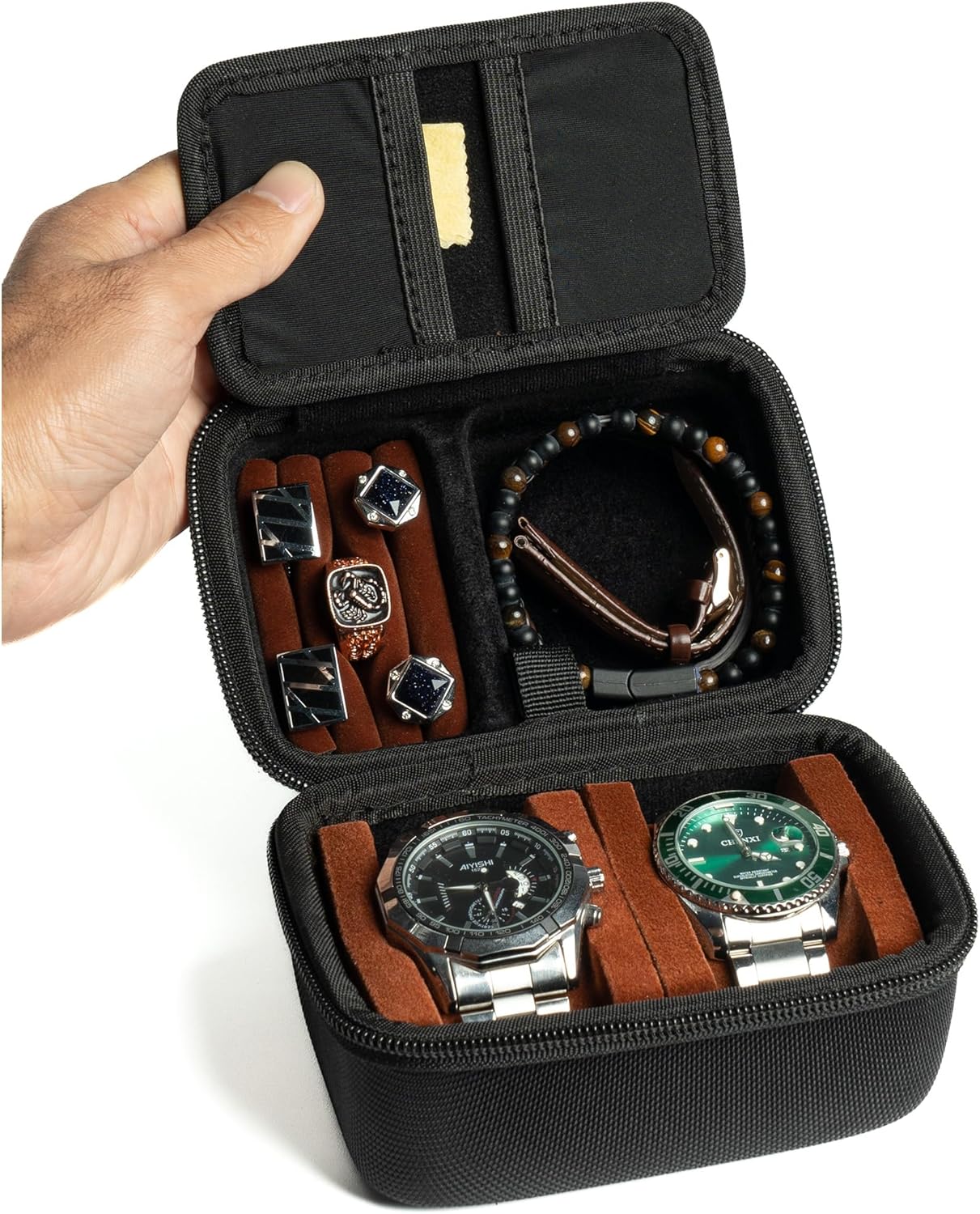 2 slots Watch travel case, with accessories compartment for rings cufflinks watch band, Hard Portable Watch box holder Organizer with soft pillow fit up to 55mm - 1
