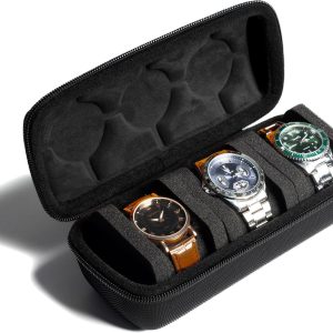 3 Slot Hard Watch Travel Case, Watch Roll Case Storage and Organizer for Men and Women, with anti-move watch pillow (Black fabric 3Slots) - 1