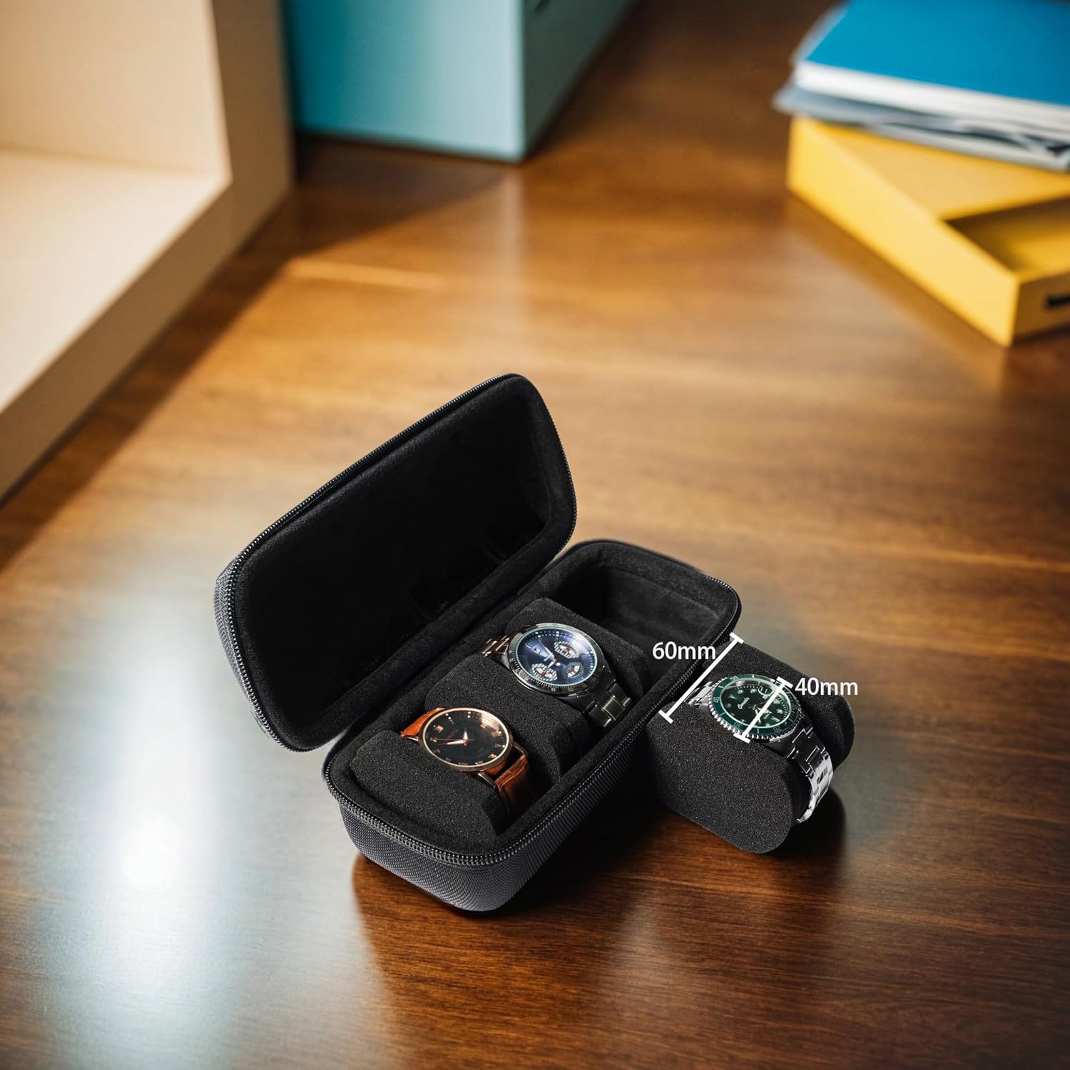 3 Slot Hard Watch Travel Case, Watch Roll Case Storage and Organizer for Men and Women, with anti-move watch pillow (Black fabric 3Slots) - 3