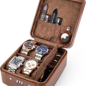 KAMIER Watch Case with Combination Lock - 4 Watch Storage and Jewelry Organizer - Watch Travel Case for Ring and Watch Storage, PU Leather Travel Watch Case, Ideal for Gift (With Gift Box), Brown - 1