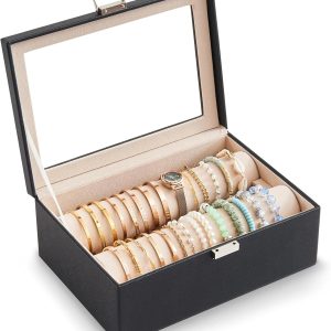Lolalet Bracelet Display Holder with Rods for Bangles Watches, Clear Lid Jewelry Organizer Box Storage Case for Women Girls -Black - 1