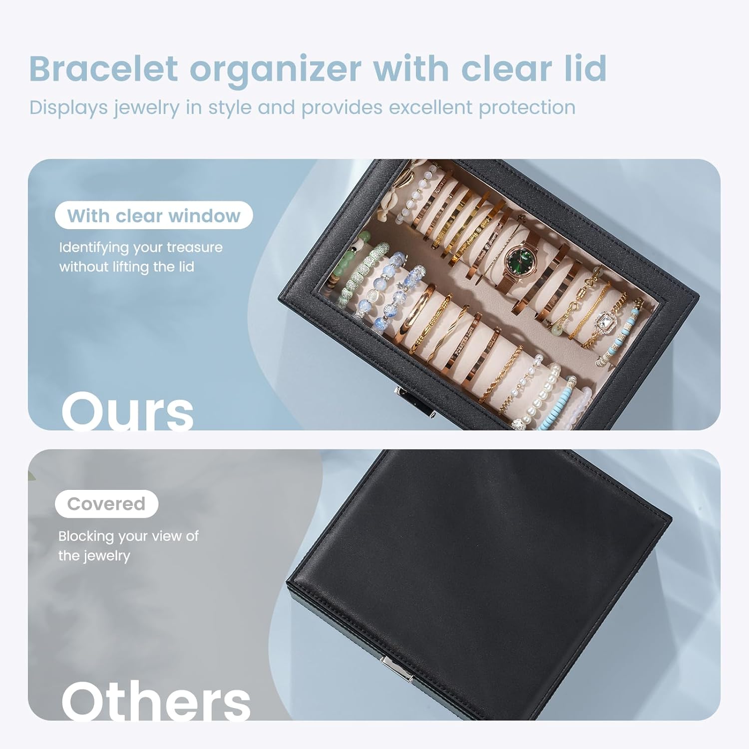 Lolalet Bracelet Display Holder with Rods for Bangles Watches, Clear Lid Jewelry Organizer Box Storage Case for Women Girls -Black - 2