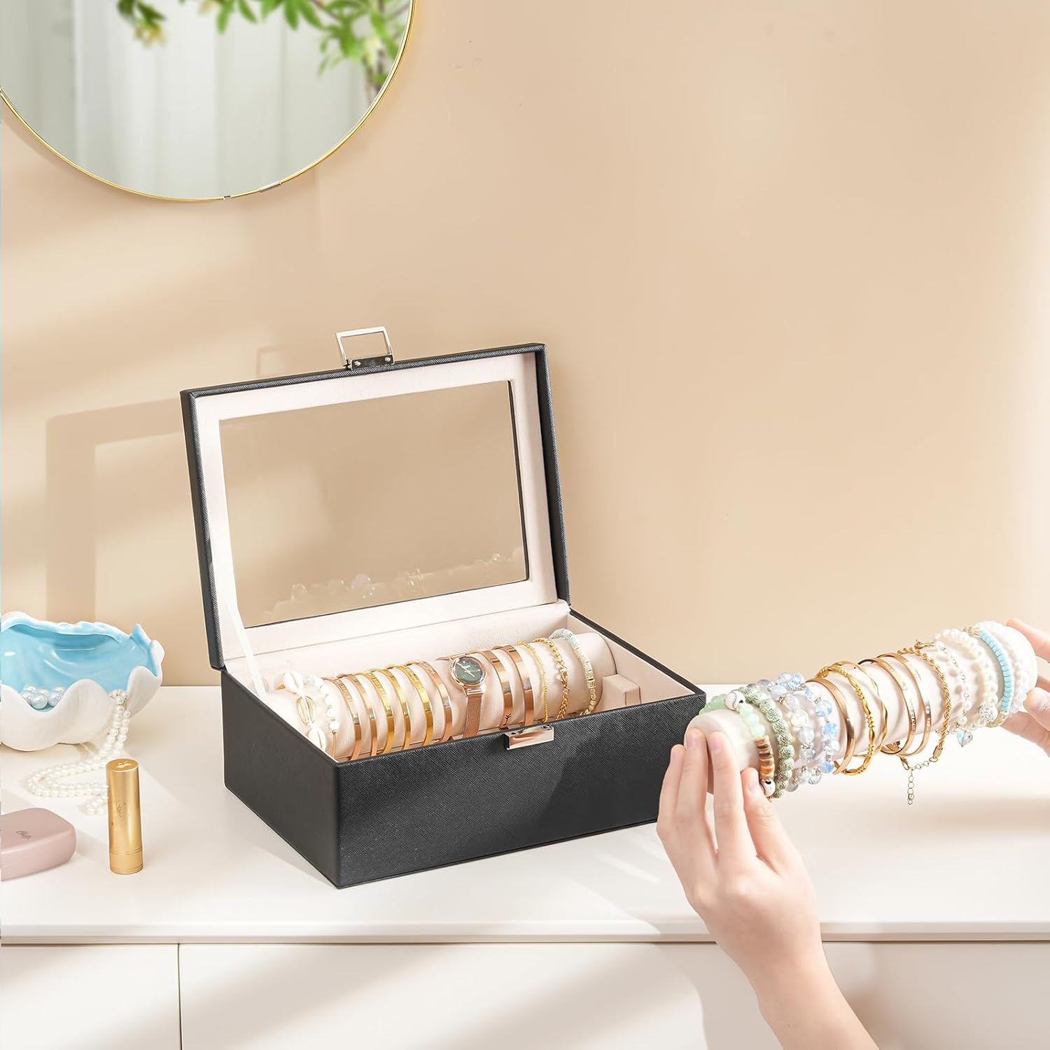 Lolalet Bracelet Display Holder with Rods for Bangles Watches, Clear Lid Jewelry Organizer Box Storage Case for Women Girls -Black - 6