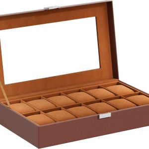 ProCase Watch Box Organizer for Men, 12 Slot Watch Display Case With Glass Lid, PU Leather Watch Storage Mens Watch Case, Watch Holder Organizer for Men Women -12 Slot, Brown - 9
