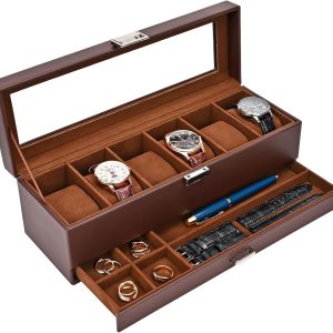 ProCase Watch Box for Men, 6 Slot Watch Display Case with Drawer, Mens Watch Case With Glass Lid, 2-Layer Jewelry and Watch Storage Watch Holder Organizer for Men Women -6 Slot, Espresso - 1