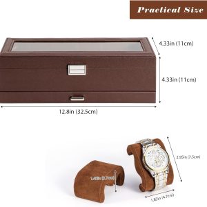 ProCase Watch Box for Men, 6 Slot Watch Display Case with Drawer, Mens Watch Case With Glass Lid, 2-Layer Jewelry and Watch Storage Watch Holder Organizer for Men Women -6 Slot, Espresso - 6