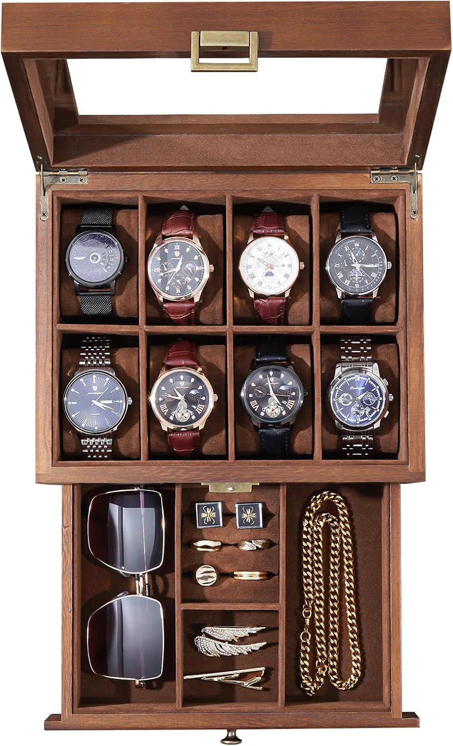 ProCase Wooden Watch Case for Men, 8 Slot Mens Watch Box With Drawer, 2-Layer Watch Display Case, 8 Watch Holder Organizer, Jewelry and Watch Storage Organizer for Men Women -8 Slot, Brown - 1