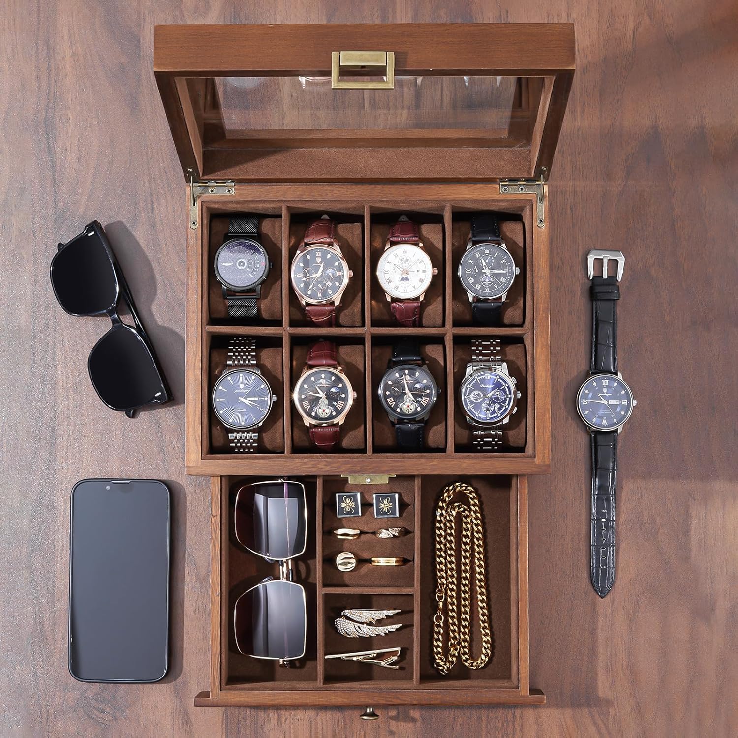 ProCase Wooden Watch Case for Men, 8 Slot Mens Watch Box With Drawer, 2-Layer Watch Display Case, 8 Watch Holder Organizer, Jewelry and Watch Storage Organizer for Men Women -8 Slot, Brown - 2