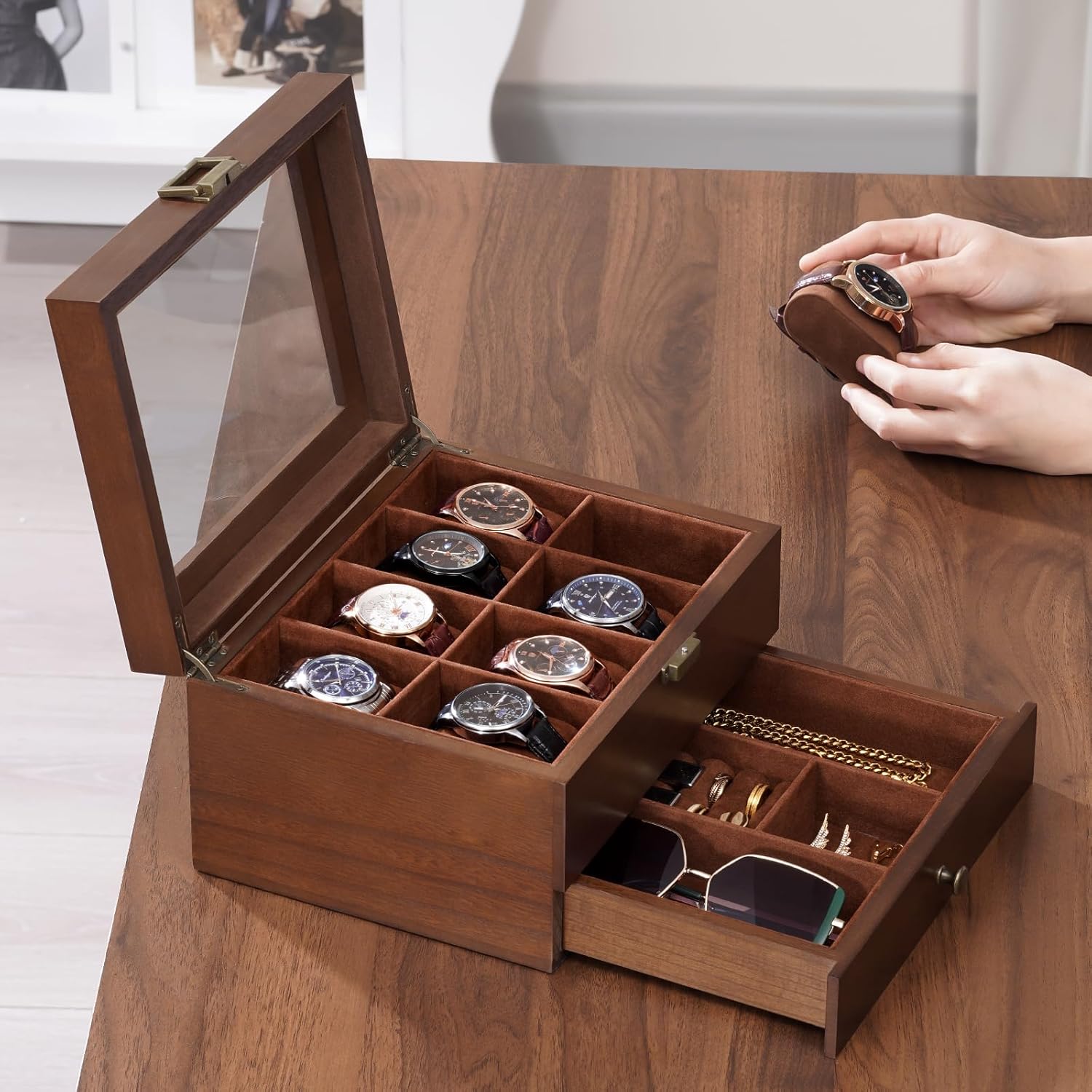 ProCase Wooden Watch Case for Men, 8 Slot Mens Watch Box With Drawer, 2-Layer Watch Display Case, 8 Watch Holder Organizer, Jewelry and Watch Storage Organizer for Men Women -8 Slot, Brown - 4