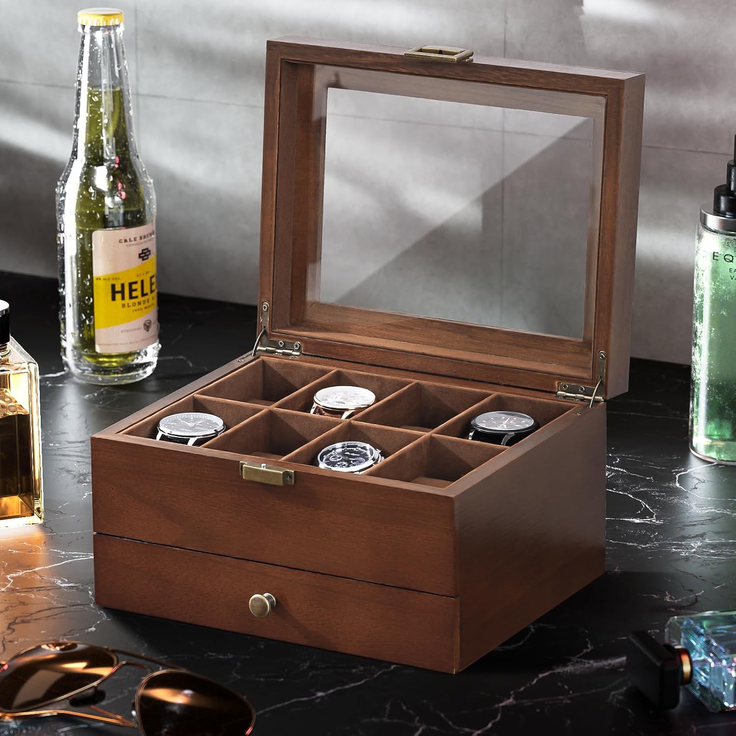 ProCase Wooden Watch Case for Men, 8 Slot Mens Watch Box With Drawer, 2-Layer Watch Display Case, 8 Watch Holder Organizer, Jewelry and Watch Storage Organizer for Men Women -8 Slot, Brown - 5