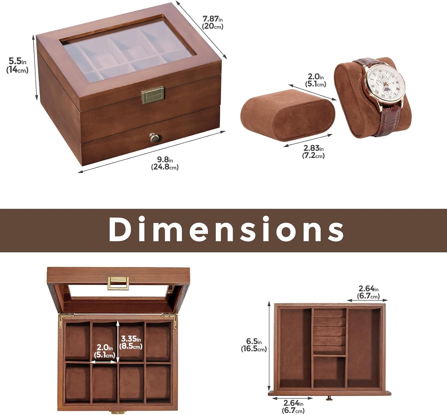 ProCase Wooden Watch Case for Men, 8 Slot Mens Watch Box With Drawer, 2-Layer Watch Display Case, 8 Watch Holder Organizer, Jewelry and Watch Storage Organizer for Men Women -8 Slot, Brown - 6