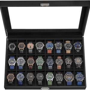 SONGMICS Watch Box, 24-Slot Watch Case, Lockable Watch Storage Box with Glass Lid, Gift Idea, Ink Black Synthetic Leather, Ink Black Lining UJWB024B02 - 1