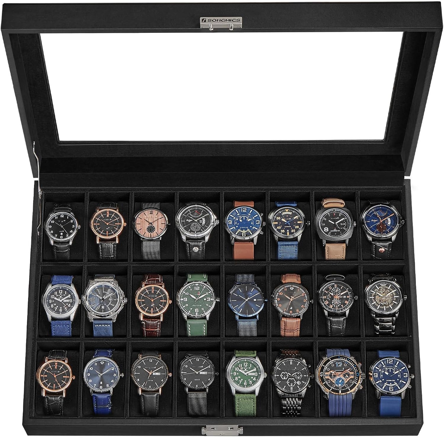 SONGMICS Watch Box, 24-Slot Watch Case, Lockable Watch Storage Box with Glass Lid, Gift Idea, Ink Black Synthetic Leather, Ink Black Lining UJWB024B02 - 1