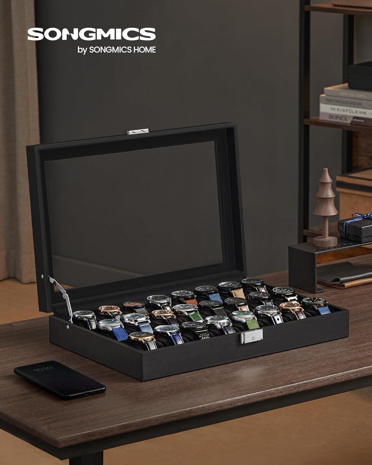 SONGMICS Watch Box, 24-Slot Watch Case, Lockable Watch Storage Box with Glass Lid, Gift Idea, Ink Black Synthetic Leather, Ink Black Lining UJWB024B02 - 2