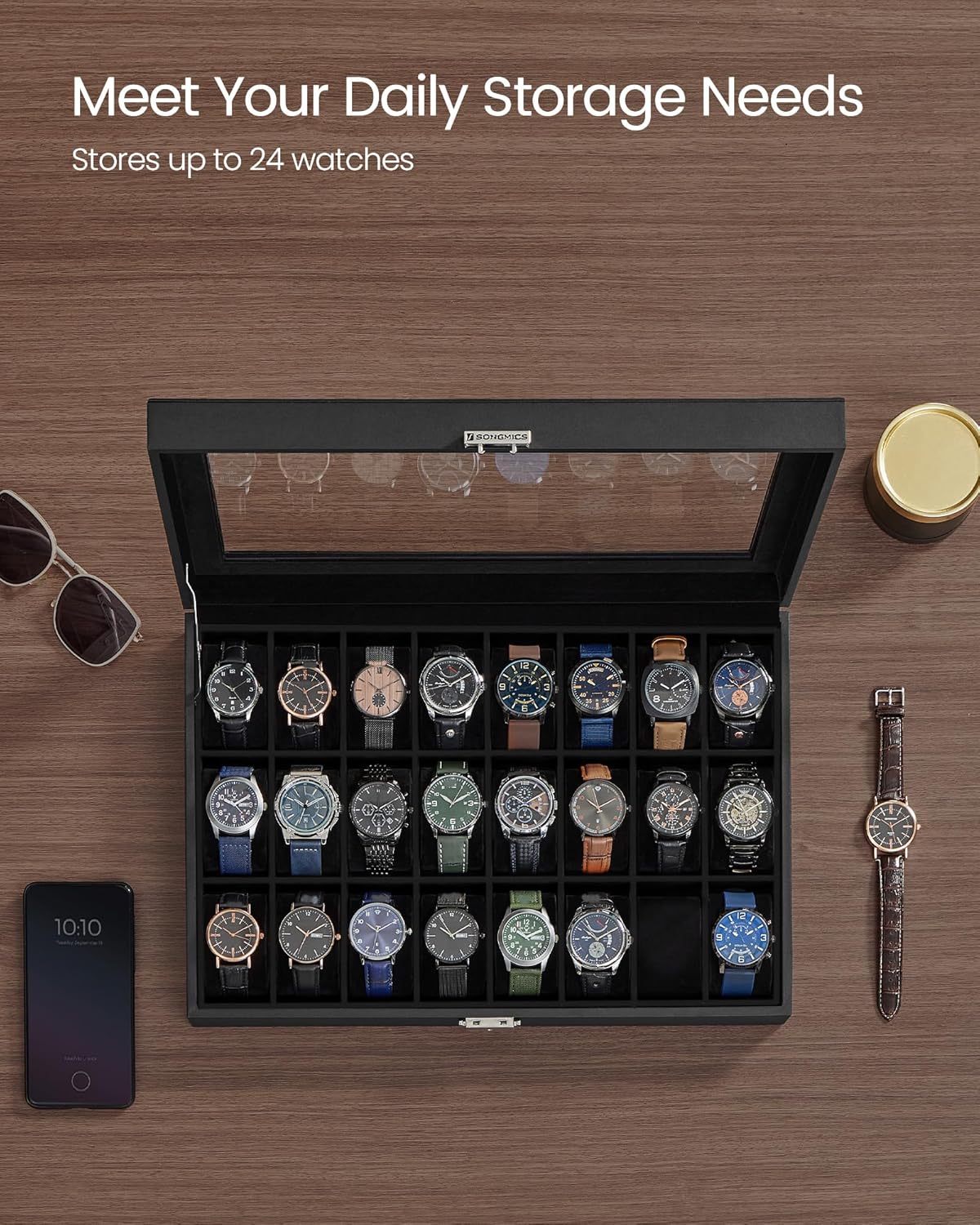 SONGMICS Watch Box, 24-Slot Watch Case, Lockable Watch Storage Box with Glass Lid, Gift Idea, Ink Black Synthetic Leather, Ink Black Lining UJWB024B02 - 3
