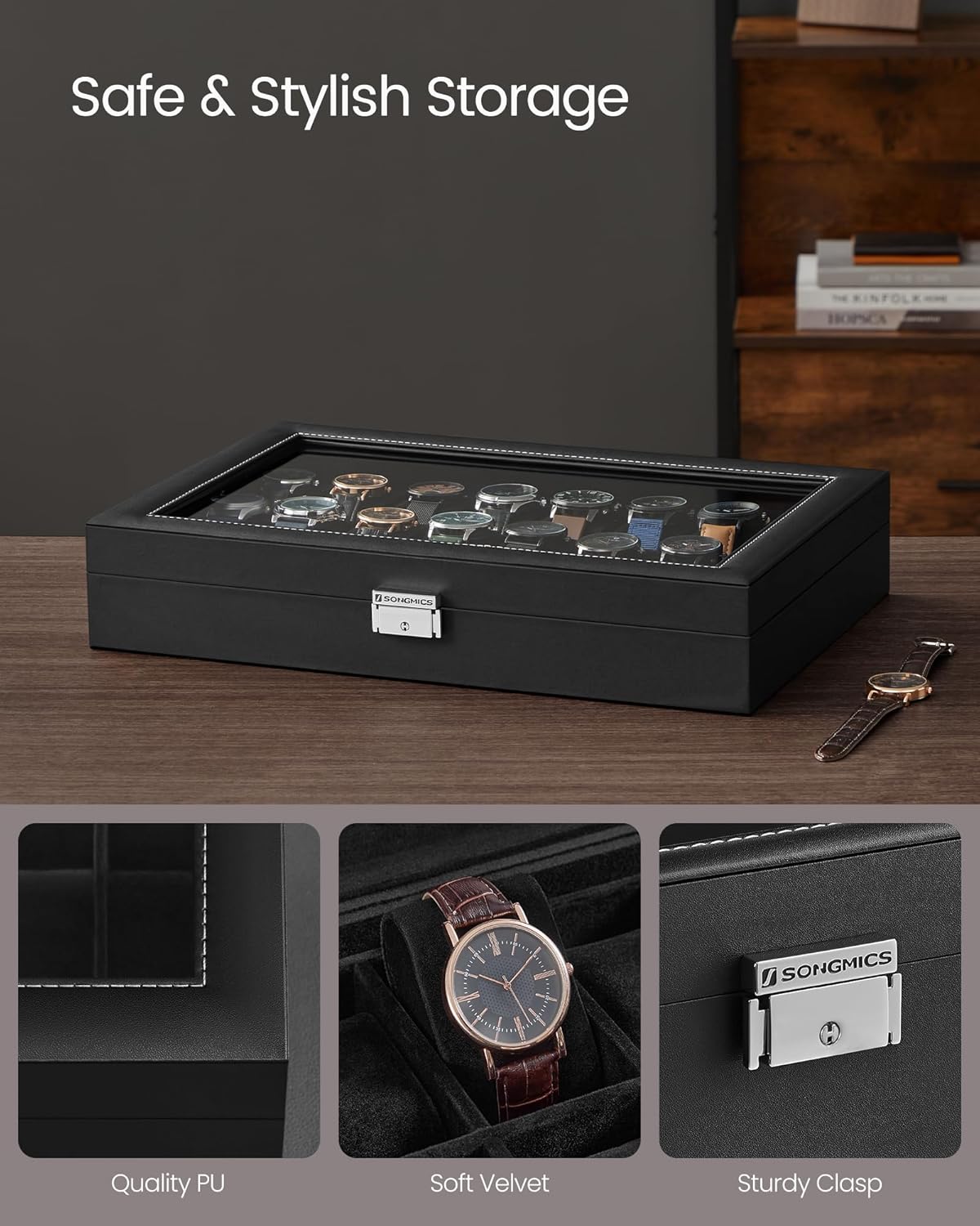 SONGMICS Watch Box, 24-Slot Watch Case, Lockable Watch Storage Box with Glass Lid, Gift Idea, Ink Black Synthetic Leather, Ink Black Lining UJWB024B02 - 4