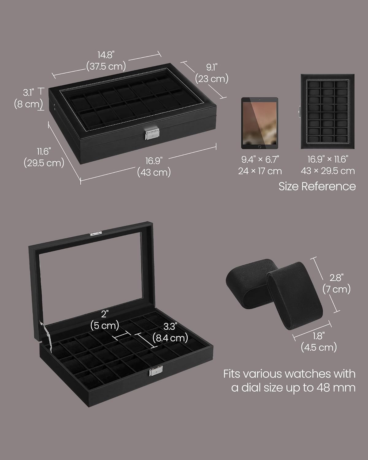 SONGMICS Watch Box, 24-Slot Watch Case, Lockable Watch Storage Box with Glass Lid, Gift Idea, Ink Black Synthetic Leather, Ink Black Lining UJWB024B02 - 5