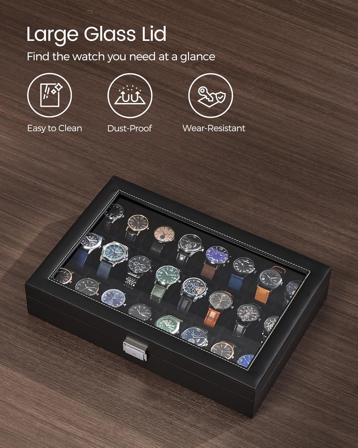 SONGMICS Watch Box, 24-Slot Watch Case, Lockable Watch Storage Box with Glass Lid, Gift Idea, Ink Black Synthetic Leather, Ink Black Lining UJWB024B02 - 7